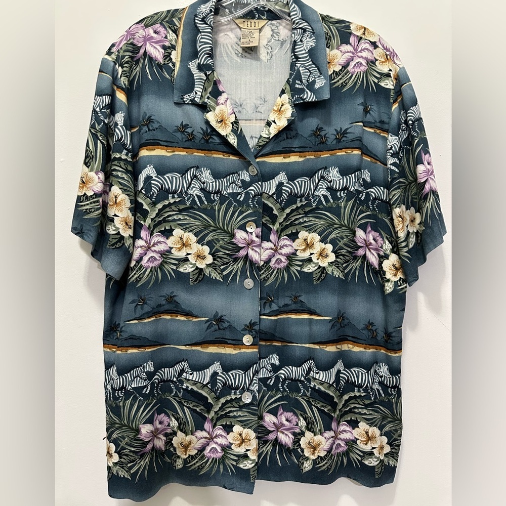 Teddi Floral Zebra Beaded Buttoned Down Vintage Shirt Sz L